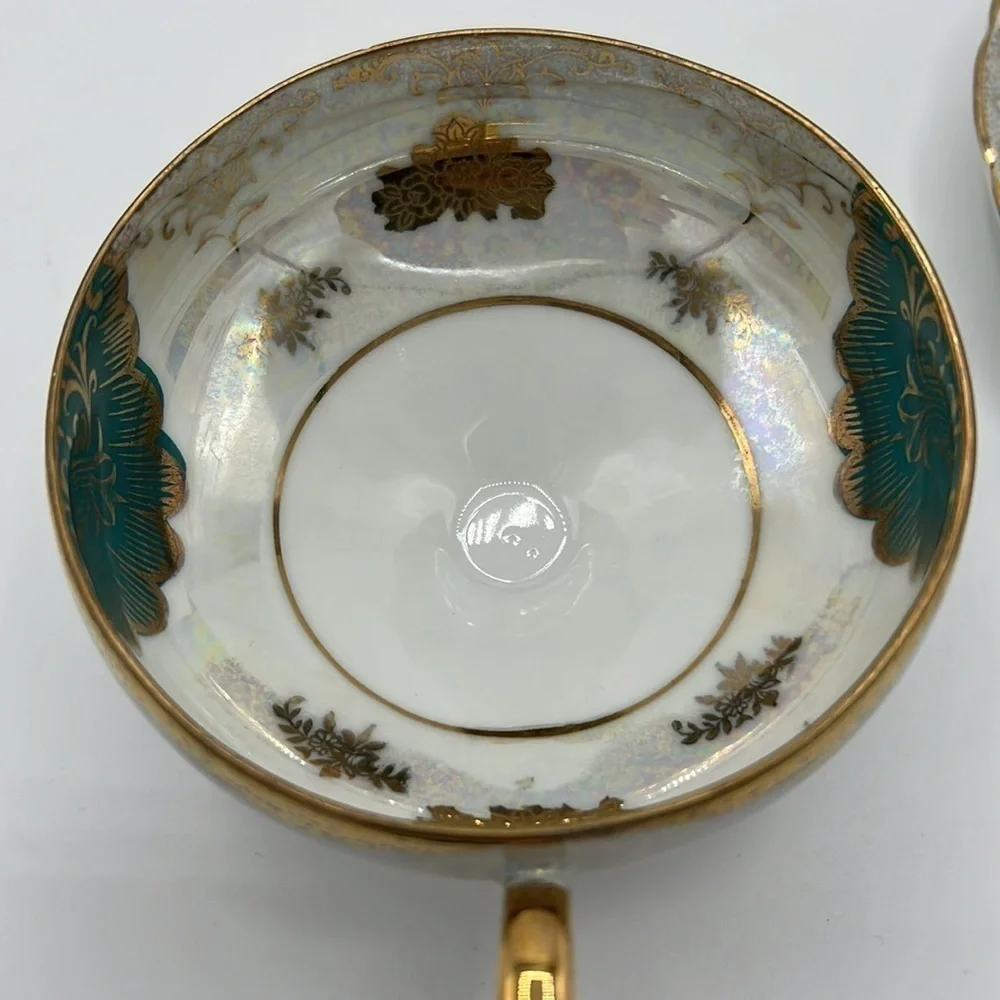 L M ROYAL HALSEY VERY FINE CHINA TEA CUP AND SAUCER SET GOLD, TEAL & IRIDESCENT